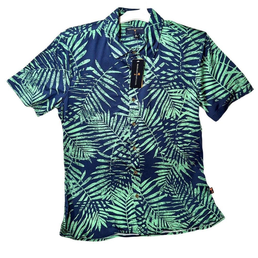 Margaritaville Casual Button Down Collared Men's Shirt Insignia Blue Palm Sz S